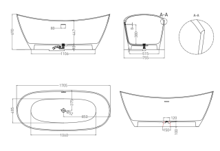 Ванна из искусственного камня Salini Noemi S-Sense 101712GRF 170x75см RAL полностью